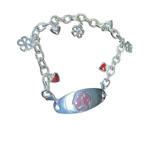 Avon Medic Aware Diabetic Charm Bracelet Silver Tone Hearts Flowers